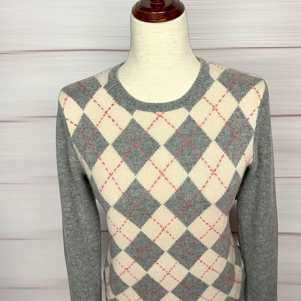 J. Crew Vintage Cashmere Argyle Sweater Gray Cream Crew Neck Classic Women's M
